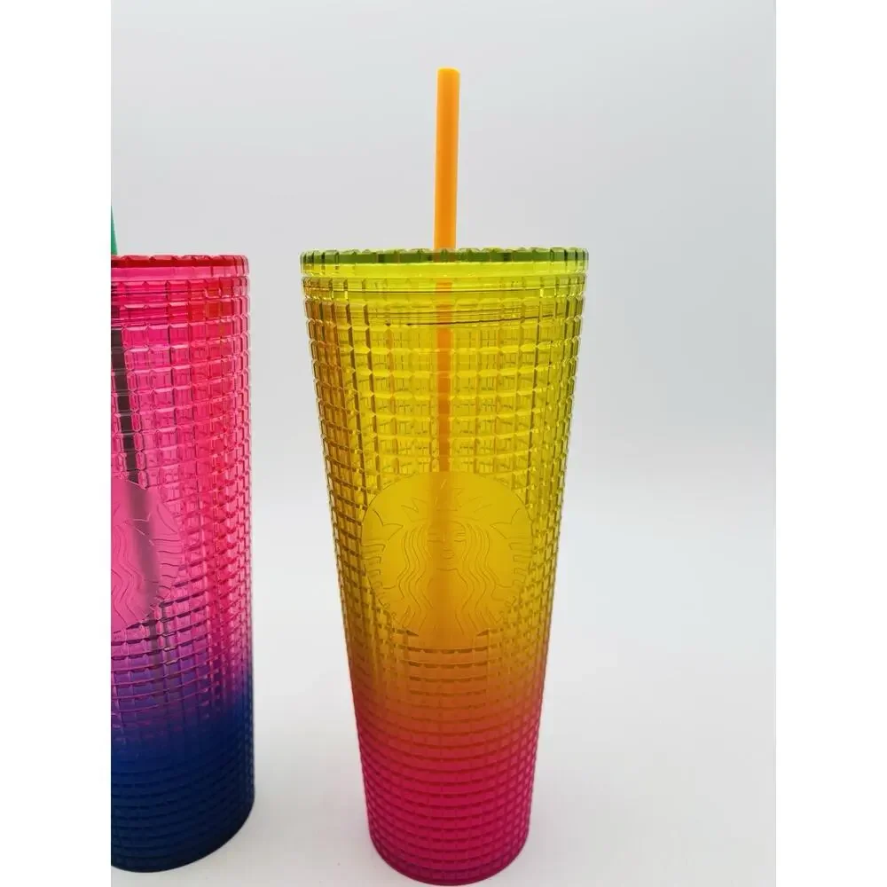 New Set Of 2 Starbucks Tumblers 24oz Venti With Straws/Lids Textured Ombré Jewel